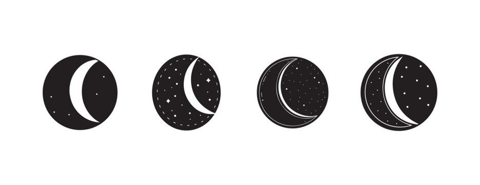  moon phases with stars in a white space  lunar cycle icons