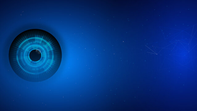Cyber security technology background with biometric eye scanner and abstract plexus network