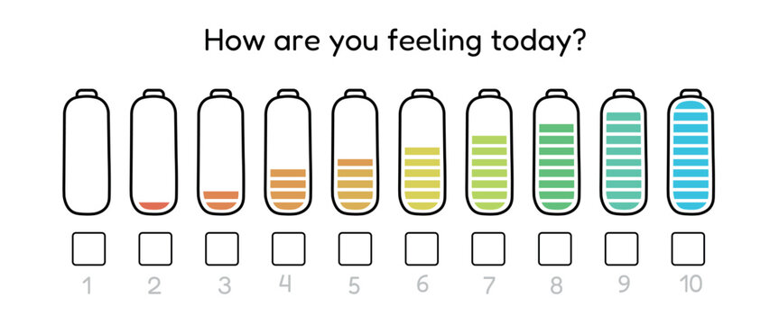 Hand drawn battery charge level icons from 1 to 10 representing energy and emotional state. Useful for mood tracking, self reflection, mental health resources and educational materials.