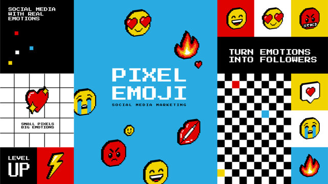 Pixel y2k 3d isometric emoji poster set. Hearts happy sad crying love angry faces speech bubble fire kiss etc. Social media cards posts stories and chat elements. 8 bit retro game trendy style.