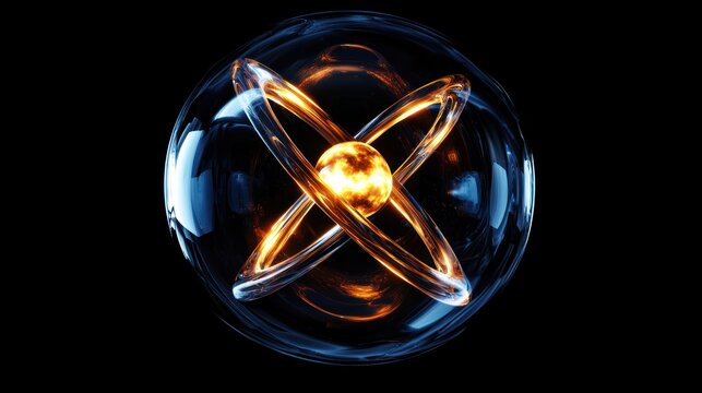 A glass sphere contains a glowing atom with orbiting electrons. The atom's nucleus emits a bright yellow light, while the electrons trace intricate, golden paths.