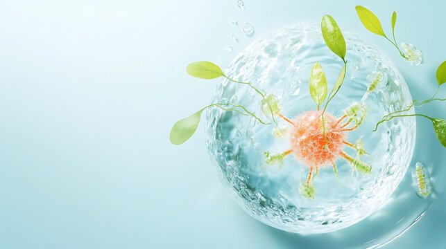 Osmosis process in a plant cell with water and green leaves