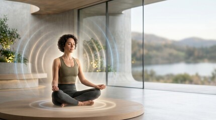 Fototapeta premium Peaceful woman meditating in lotus position with glowing energy waves in luxury interior.