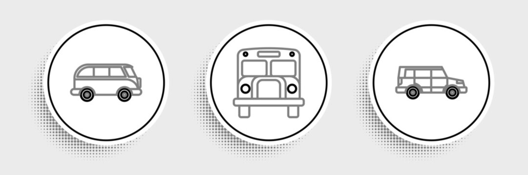 Set line Off road car, Retro minivan and School Bus icon. Vector