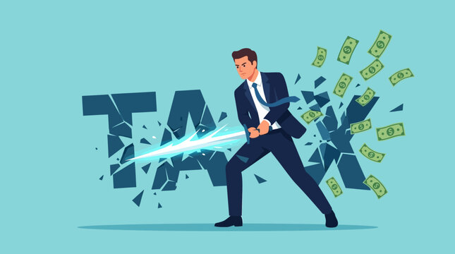 Tax Reduction Concept featuring a businessman slashing the word TAX with a glowing sword as money flies out, ideal for financial services and tax planning blogs.