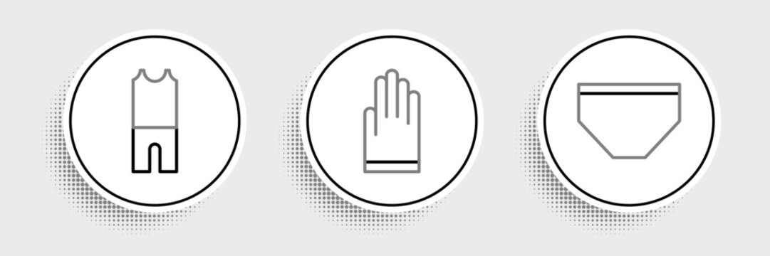 Set line Swimming trunks, Wetsuit for scuba diving and Gloves icon. Vector