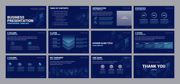 Business technology presentation template set - futuristic dark blue corporate slides with cover, table of contents, statistics, timeline, divider geometric backgrounds and icons - vector design