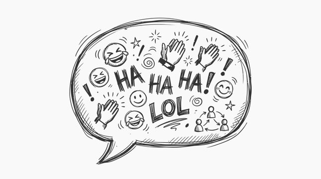 Hand-drawn speech bubble with laughing faces, applause, and LOL text, sketch style