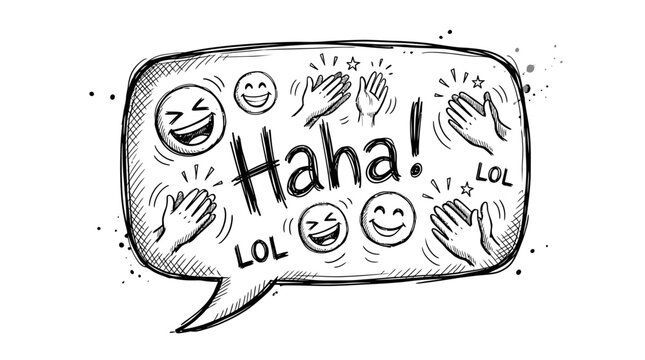 Hand-drawn comic speech bubble with Haha, LOL, laughing emojis, and clapping hands.