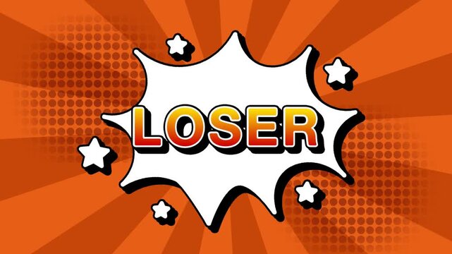 Loser text word lettering popup comic cartoon reveal with bomb and smoke explosion manga anime book page dots with radial speed lines doodle orange background with seamless loop animation retro game