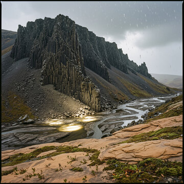 Impressionnant paysage sauvage de montagne avec gorge rocheuse profonde et rivi&egrave;re traversant une vall&eacute;e &eacute;troite aux parois escarp&eacute;es