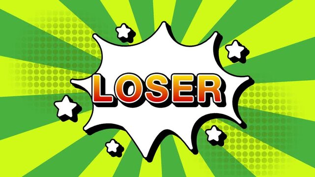 Loser text word lettering popup comic cartoon reveal with bomb and smoke explosion manga anime book page dots with radial speed lines doodle green background with seamless loop animation retro game