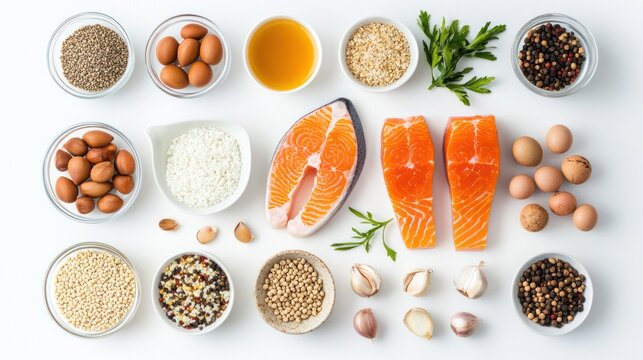 A white surface displays a variety of food items arranged in a visually appealing composition. Salmon fillets are prominently featured alongside eggs, nuts, seeds, grains, spices, and herbs.