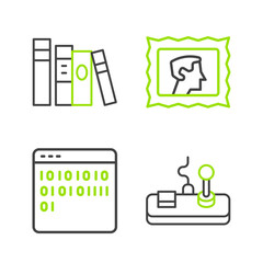 Set line Gamepad, Binary code, Postal stamp and Book icon. Vector © Oksana