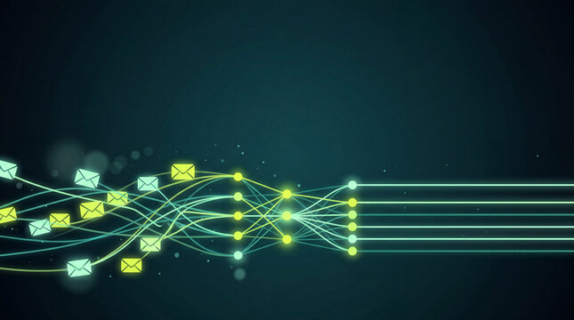 Scattered envelopes organized into clean ordered streams by a central network hub on dark teal background, email management and customer service concept with copy space
