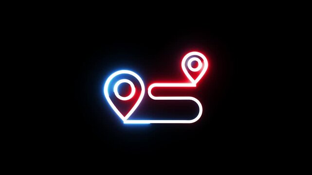 Neon glowing navigation pins route marker icon for logistics digital mapping travel path.