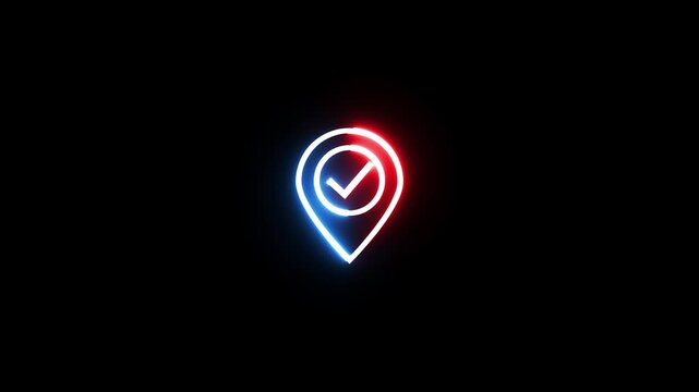 Neon map pointer with check mark glowing on black background dynamic motion.