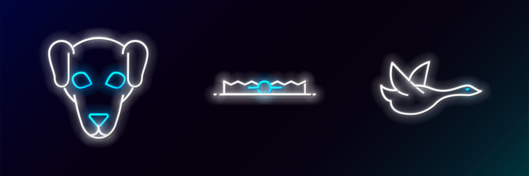 Set line Flying duck, Hunting dog and Trap hunting icon. Glowing neon. Vector