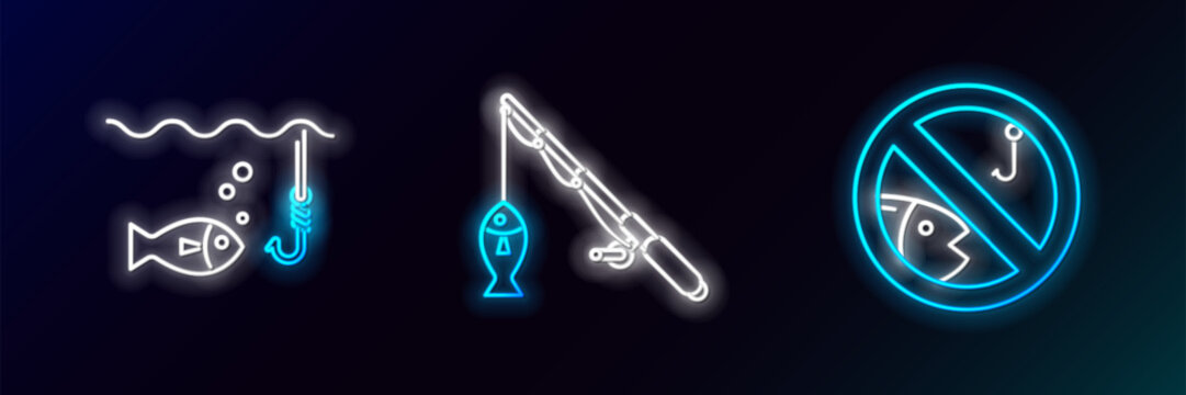 Set line No fishing, Fishing hook under water with and rod and icon. Glowing neon. Vector