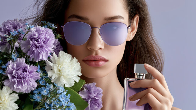 Elegant woman with sunglasses holding perfume bottle and bouquet of purple and white flowers, soft pastel background