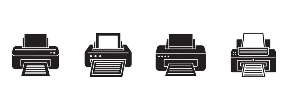  printer icons with paper tray and scanner features in minimalist black and white design isolated on transparent background