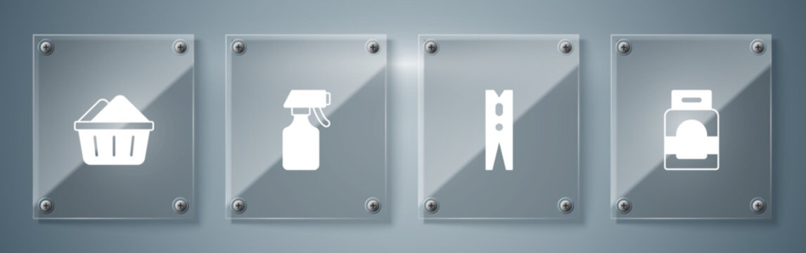 Set Laundry detergent, Clothes pin, Water spray bottle and Basin with soap suds. Square glass panels. Vector