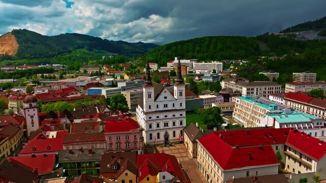 Aerial view of beautiful industrial town of Leoben in the mountains in central Austria with heavy industry and metallurgy