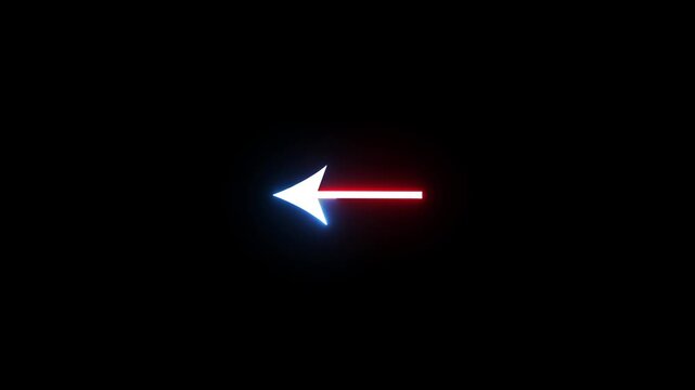 Glowing neon arrow points left with pulsing red and blue light on black background.