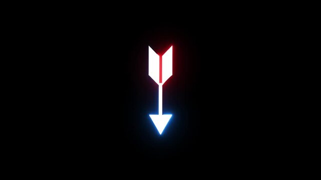 Neon glowing arrow symbol pulsating with red and blue light colors on dark black background.