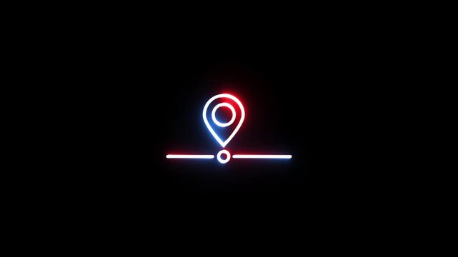 Neon location pin icon pulsing on dark background digital map marker graphic animation clip.