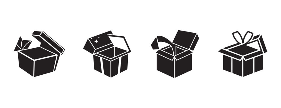  gift box icons with open lids and different decorative elements isolated on transparent background