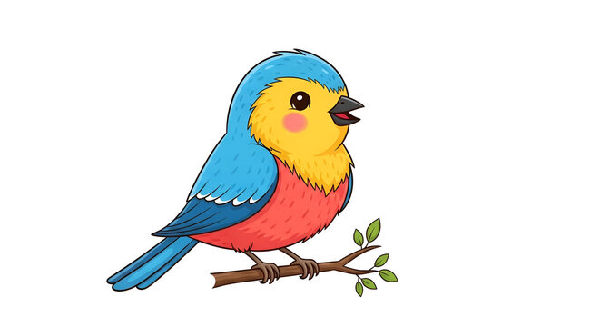 Colorful cartoon bird perched on a branch with vibrant red, blue, and yellow feathers. Perfect for kids designs, educational projects, stickers, and nature themes.