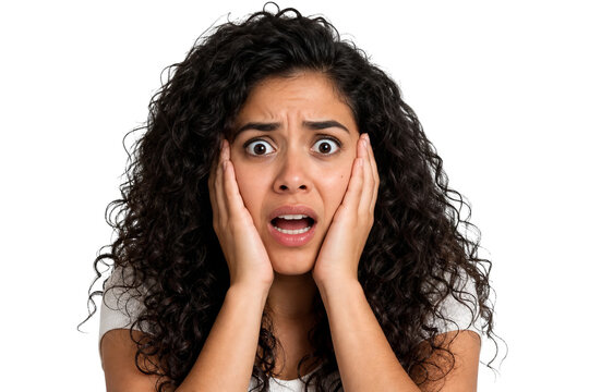 Shocked Young Woman with Curly Hair Holding Face in Disbelief Isolated