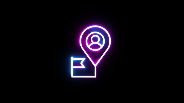 Neon glowing pin location icon with a user symbol and flag mark on a dark background motion graphics.