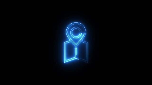 Blue neon map pin and open map icon with glowing effect on black background.