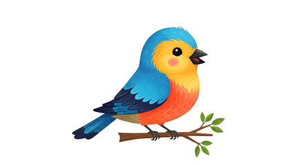 Fototapeta premium Colorful cartoon bird perched on a branch with vibrant red, blue, and yellow feathers. Perfect for kids designs, educational projects, stickers, and nature themes.