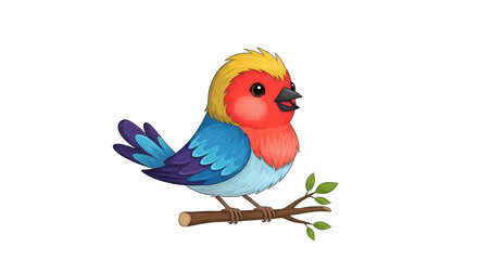 Obraz premium Colorful cartoon bird perched on a branch with vibrant red, blue, and yellow feathers. Perfect for kids designs, educational projects, stickers, and nature themes.