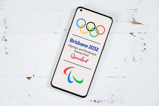 ZHONGSHAN China-May 12 2026: mobile of Brisbane 2032 Olympic and Paralympic Games logo at horizontal composition.
