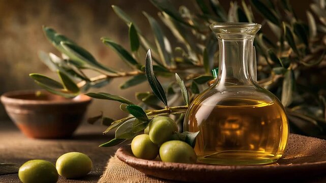 Fresh extra virgin olive oil in a glass decanter with green olives on a branch Video.