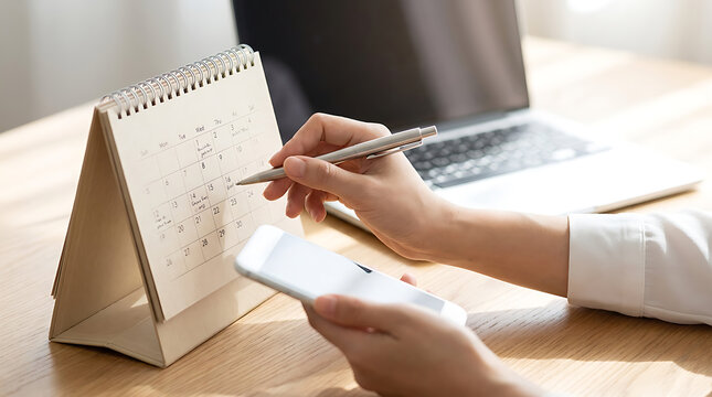 Business person checking work schedule on a desk calendar while holding a mobile phone in a modern office.