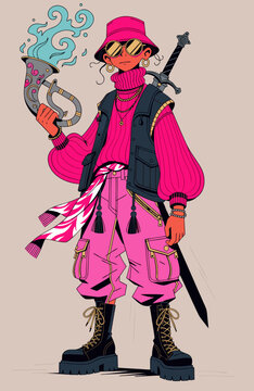 Fashionable cyberpunk character holding magical horn and large sword with character cyberpunk sunglasses adventure illustration outlandish accessories portrait youthful