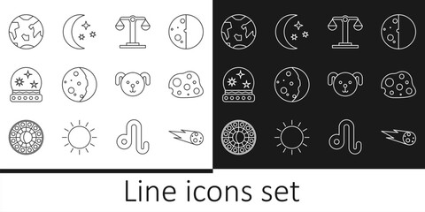 Set line Comet falling down fast, Asteroid, Libra zodiac, Eclipse of the sun, Magic ball, Planet Earth, Dog and Moon and stars icon. Vector © vector_v