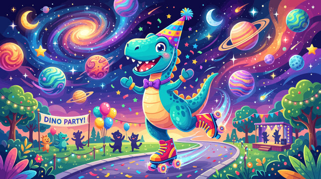 outer space scene with green dinosaurs on roller skates, outer space planet design.
