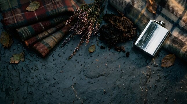 Stainless steel hip flask with plaid wool blanket and heather flowers on wet slate for rugged outdoor camping and autumn hiking lifestyle