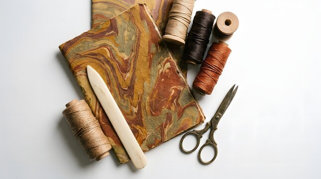 Vintage marbled paper book with bone folder and thread spools on white background for traditional bookbinding craft and handmade stationery
