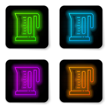 Glowing neon line Electric kettle icon isolated on white background. Teapot icon. Black square button. Vector