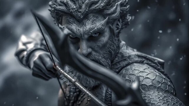 Greek mythology sea god Poseidon. Fantasy. A detailed, monochromatic portrayal of a fiercelooking orc warrior. The orc has a thick beard, sharp teeth, and a fierce expression. He wields a long.
