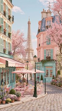 Paris France Europe lifestyle. A vivid portrayal of a Parisian street scene depicts a quaint cafe with a view of the Eiffel Tower in the background.