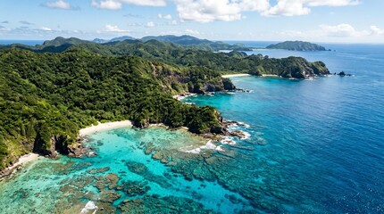 Fototapeta premium Aerial view of a pristine tropical island coastline with lush green rainforest meeting turquoise coral reef waters under a bright blue sky with white clouds, showcasing hidden sandy beaches.
