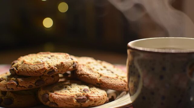 Freshly baked cookies with a mug of steaming hot beverage